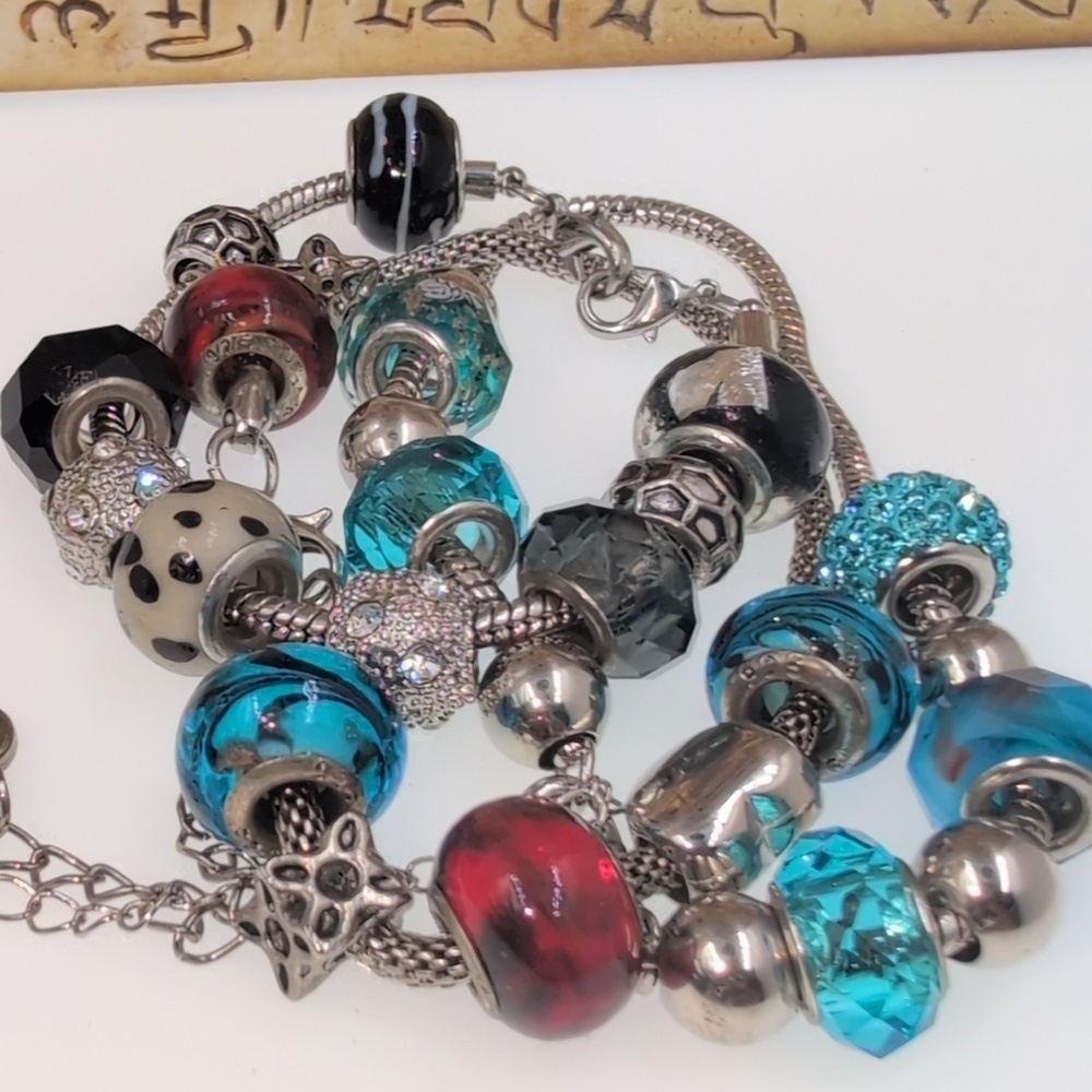 Womens Multi Color Beaded Charm Bracelets Red, Turquoise, Black, 925 Silver - Picture 4 of 5